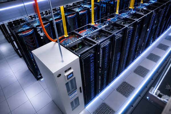Server rows and overhead structured cabling in the Tampa, FL datacenter